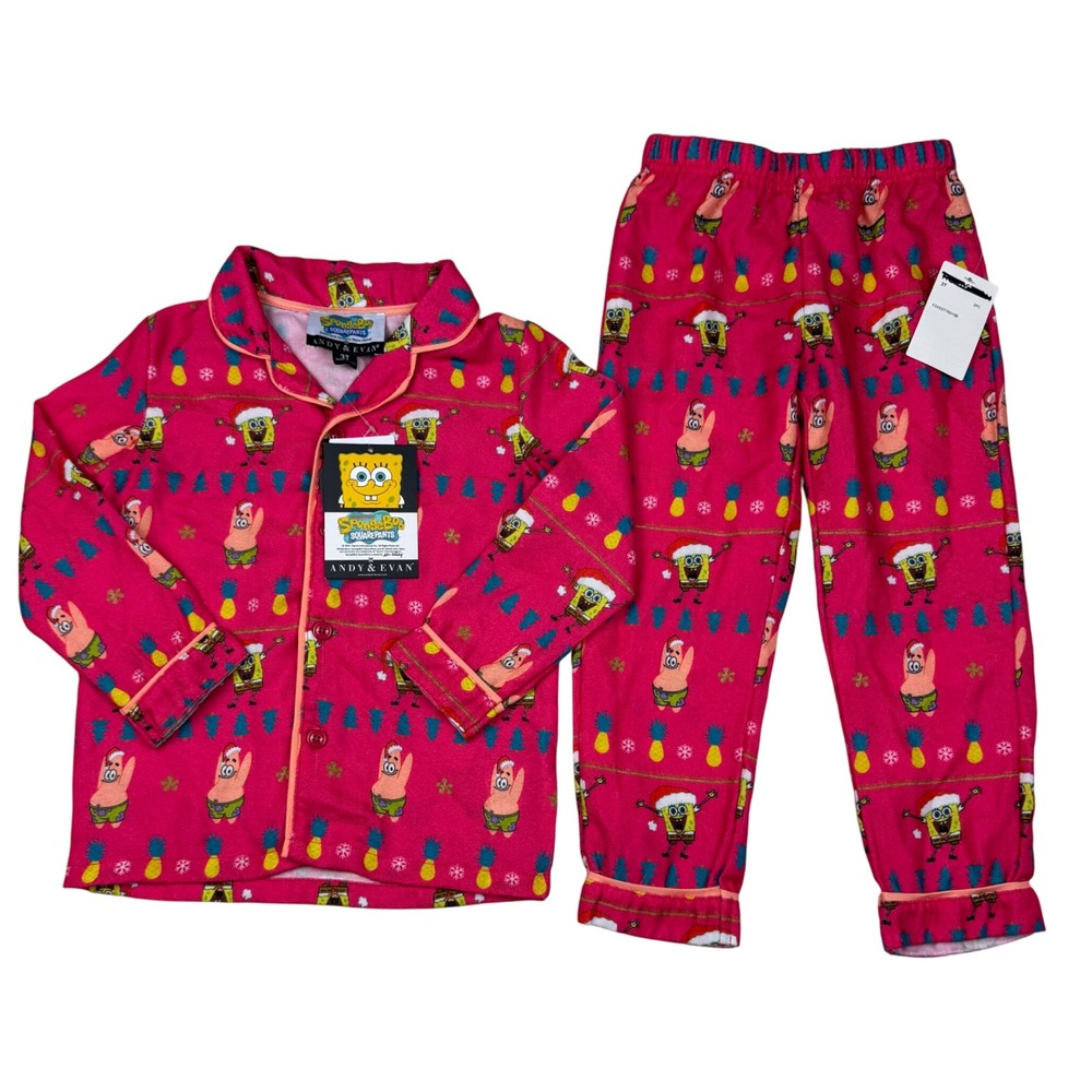 Andy & Evan Spongebob Squarepants Kids Pajama Set Size 3T‎ Pink Christmas Cozy